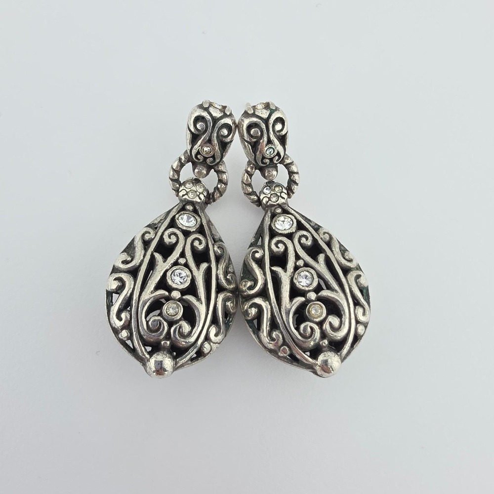 BRIGHTON 'Bibi' Dangle Post Earrings Crystals Teardrop Scrollwork Silver Plate